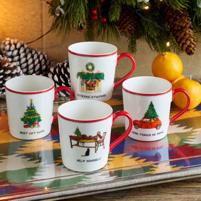 Combine Doodles mugs for a fun and festive tea time, each mug is adorned with witty theme drawing on white porcelain and red handles.