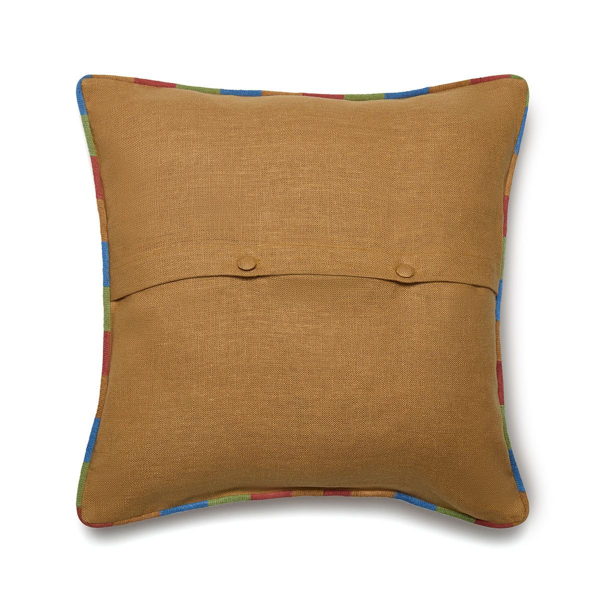 Good Trip on Yellow cushion with button closer detail, block colour in a natural autumn leaf colour tone. Versatile layering cushion by Shop Kit Kemp. 