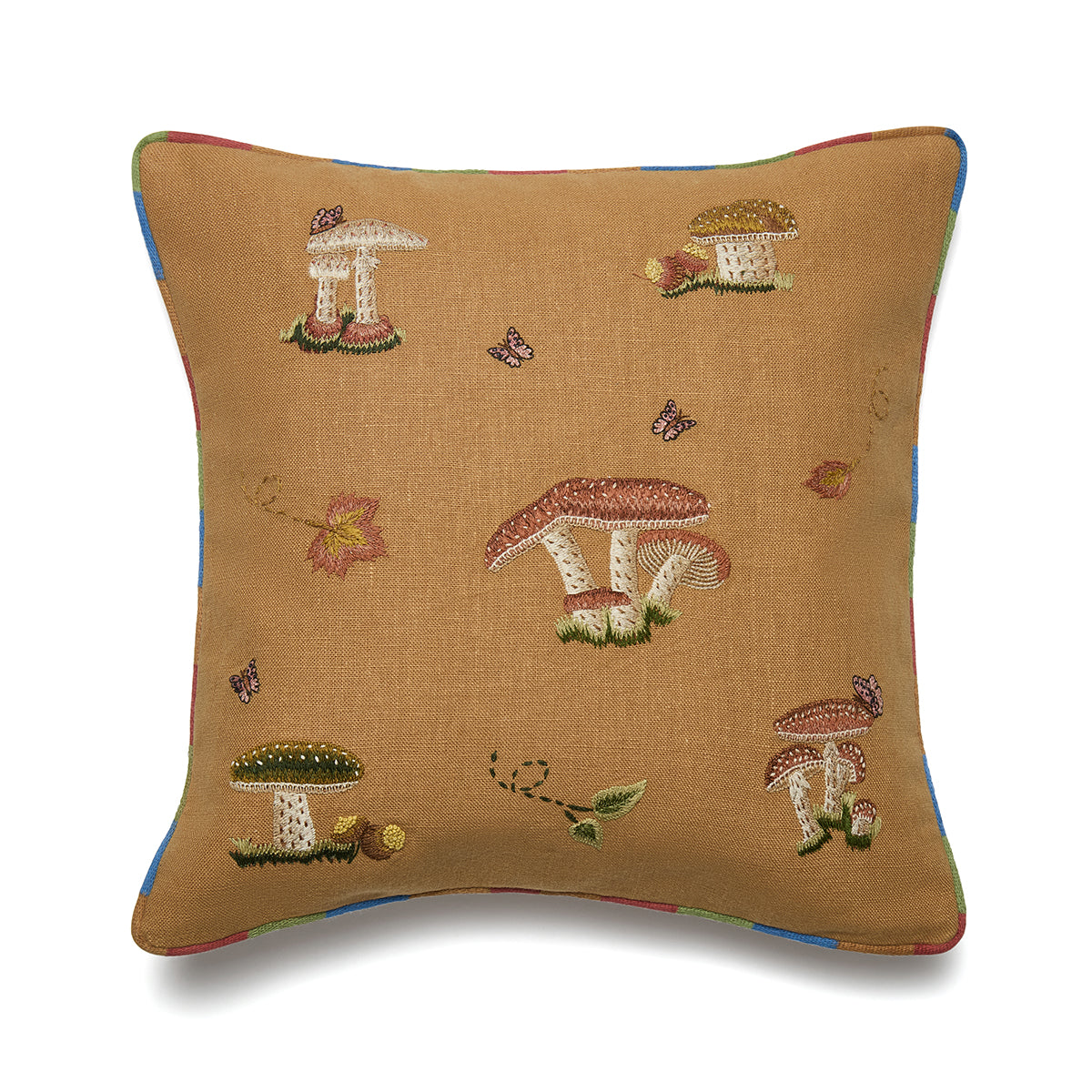 Good Trip on Yellow cushions with hand embroidered mushrooms, butterflies and forest leaves. 100% linen with rainbow piping.