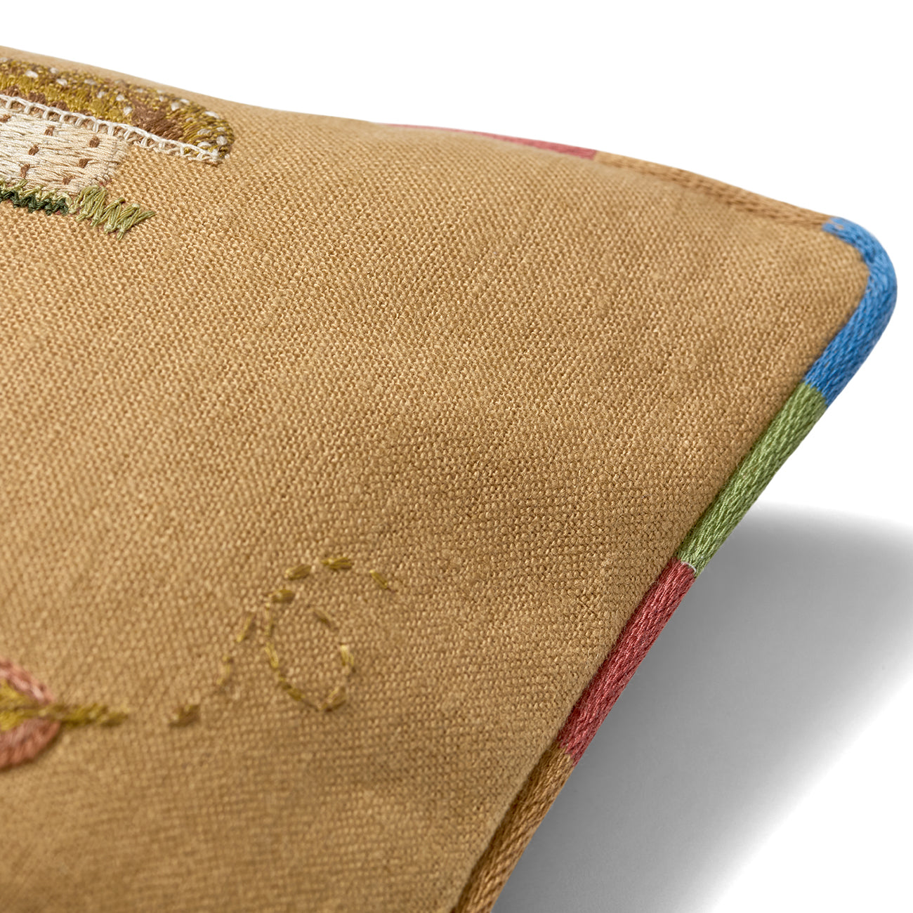 Close up embroidery and rainbow piping detail on Good Trip Yellow cushion by Kit Kemp for the Chelsea Textiles.
