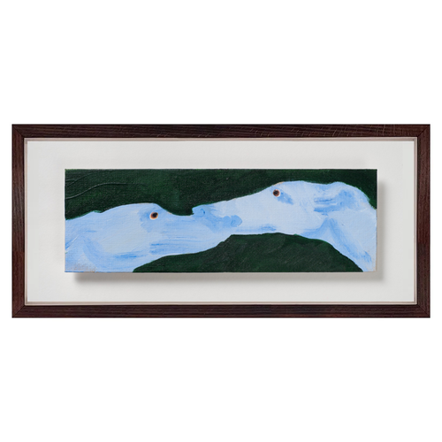 Framed painting by Holly Frean showing two greyhounds facing each other nose-to-nose, their elongated heads mirrored across a long horizontal canvas, set within a dark brown wooden frame and white mat