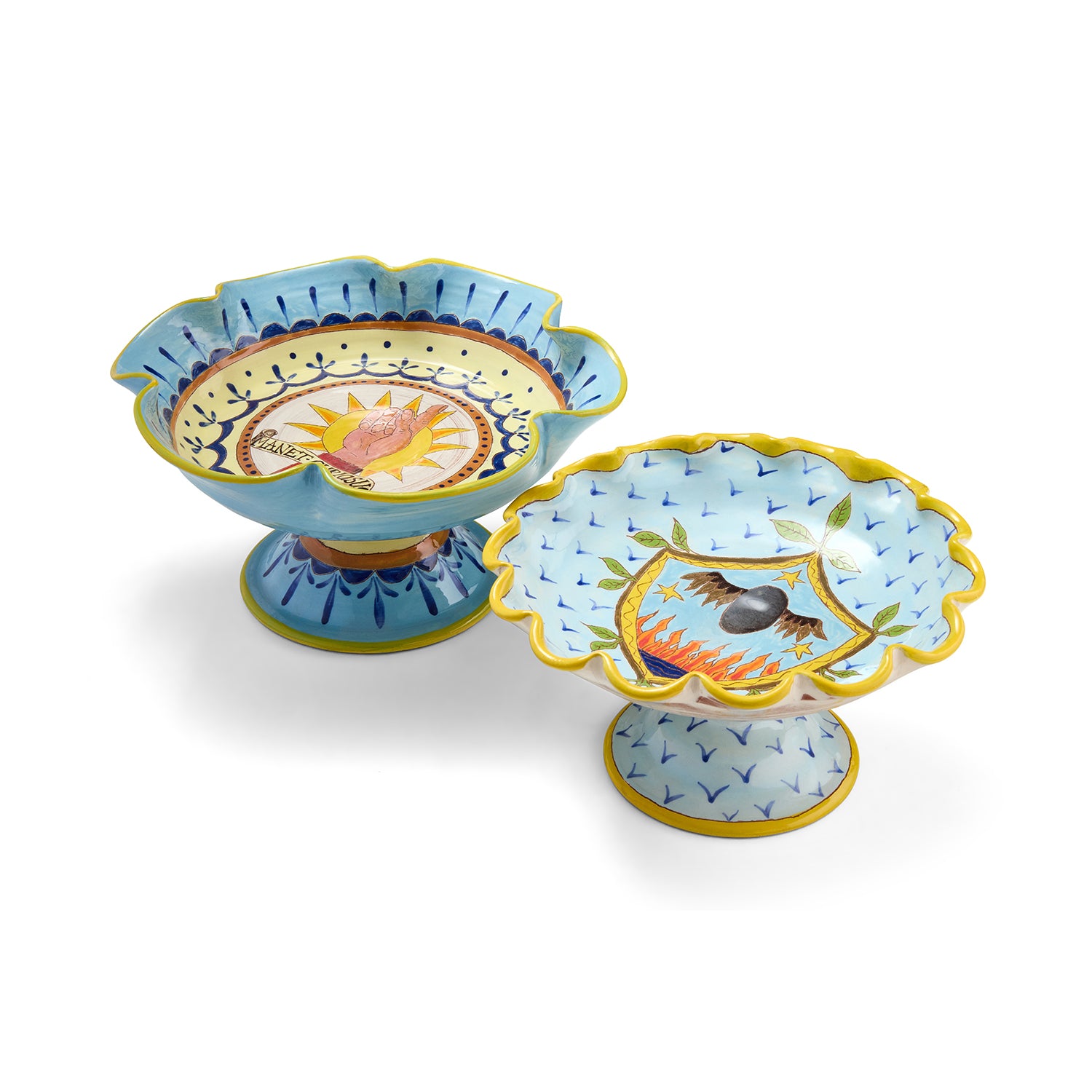 Two pedestal frilled edge dishes by Katrin Moye, A Coat of Arms for Menopause and Manera Curiosa, sold at Shop Kit Kemp