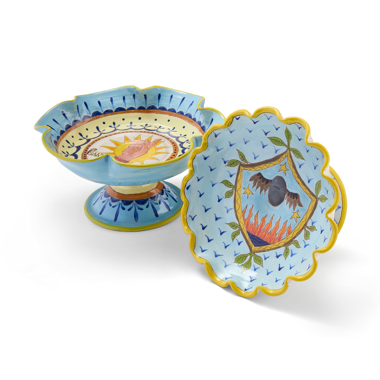 Two pedestal frilled edge dishes by Katrin Moye, A Coat of Arms for Menopause and Manera Curiosa, sold at Shop Kit Kemp