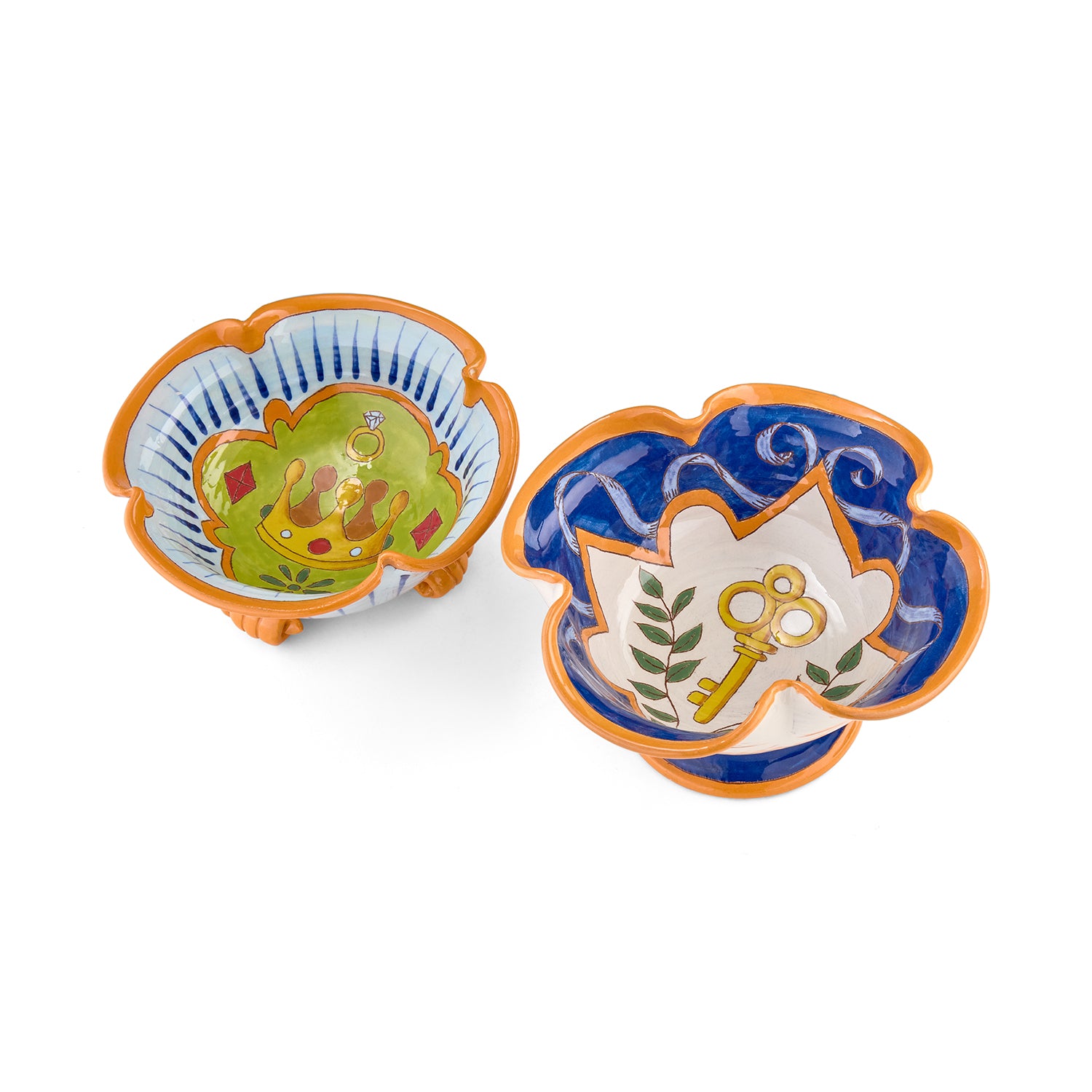A pair of footed bowls, Key Emoji and Crown Emoji, exclusively at Shop Kit Kemp