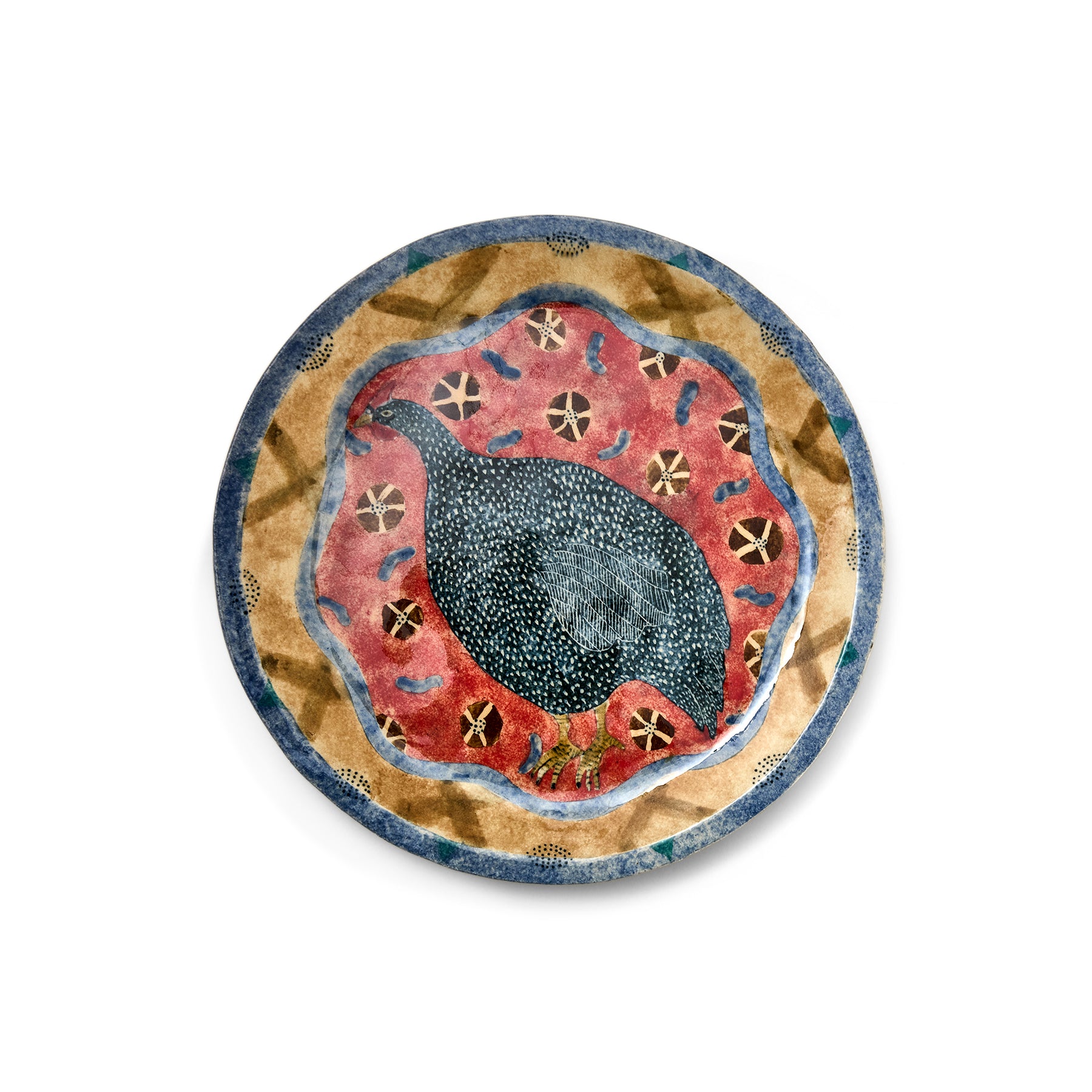 Robina Jack's one of a kind artwork Guinea Fowl with colourful brushstrokes of warm reds and ochre tones showcasing the bird with its textured plumage in the centre.