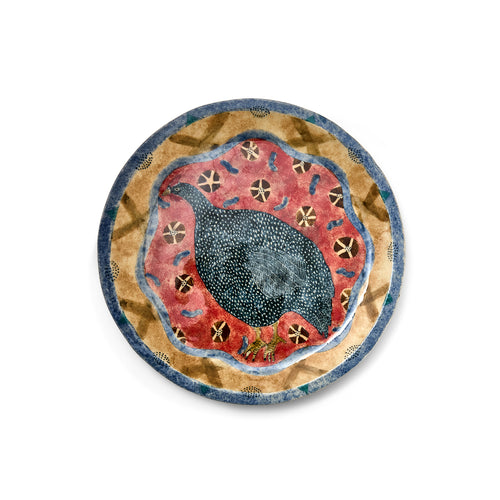 Robina Jack's one of a kind artwork Guinea Fowl with colourful brushstrokes of warm reds and ochre tones showcasing the bird with its textured plumage in the centre.