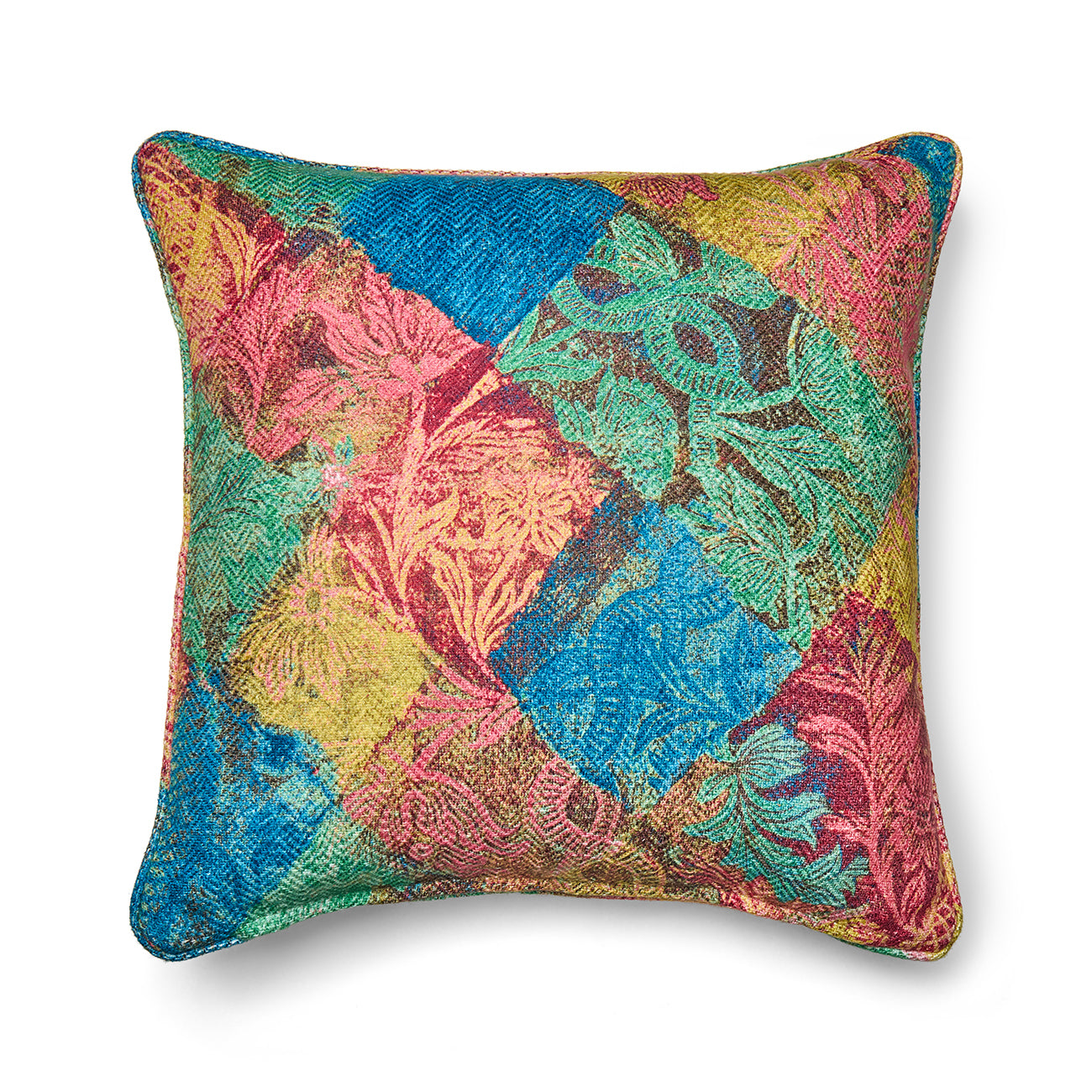 Statement cushion in Kit Kemp's Harlequin Chilli Pepper print. The unique layered diamond pattern, which skilfully combines florals and geometrics with a painterly texture, makes a truly memorable design investment.