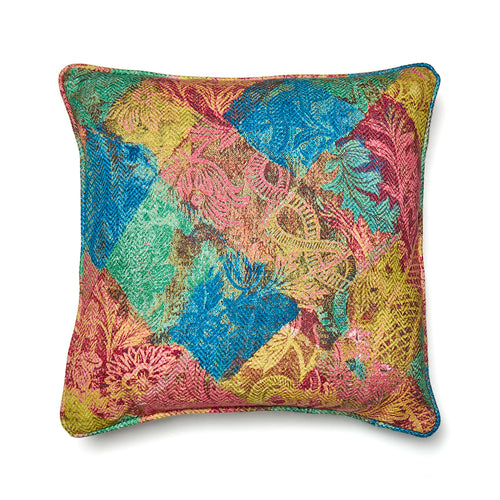 Highly versatile cushion in Harlequin Chilli Pepper. The complex, multi-hued layered diamond design brings a rich, dynamic texture that allows it to anchor or blend seamlessly with both solid furnishings and intricate room patterns. Exclusively at Shop Kit Kemp.