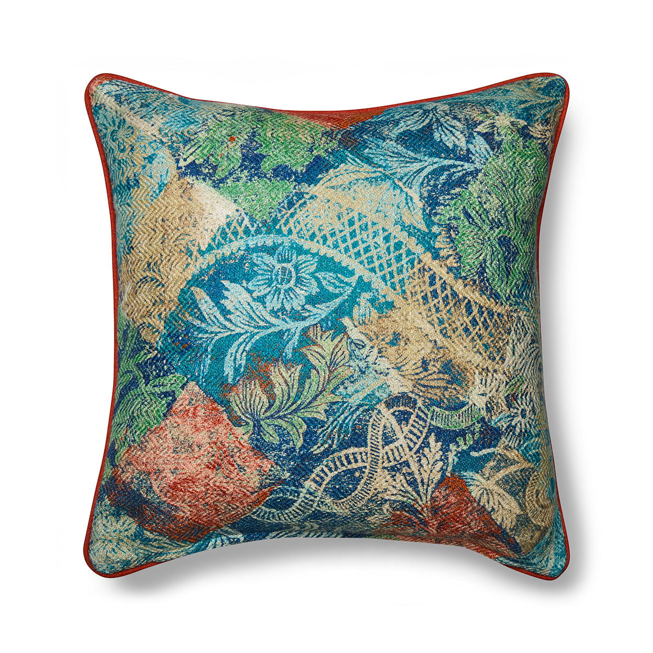 Square cushion featuring Kit Kemp's Harlequin Diamond Day printed fabric. The layered diamond patchwork pattern is rendered in rich jewel tones, including deep sapphire blue, teal, forest green, and gold, with rust accents.