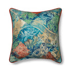Square cushion featuring Kit Kemp's Harlequin Diamond Day printed fabric. The layered diamond patchwork pattern is rendered in rich jewel tones, including deep sapphire blue, teal, forest green, and gold, with rust accents.