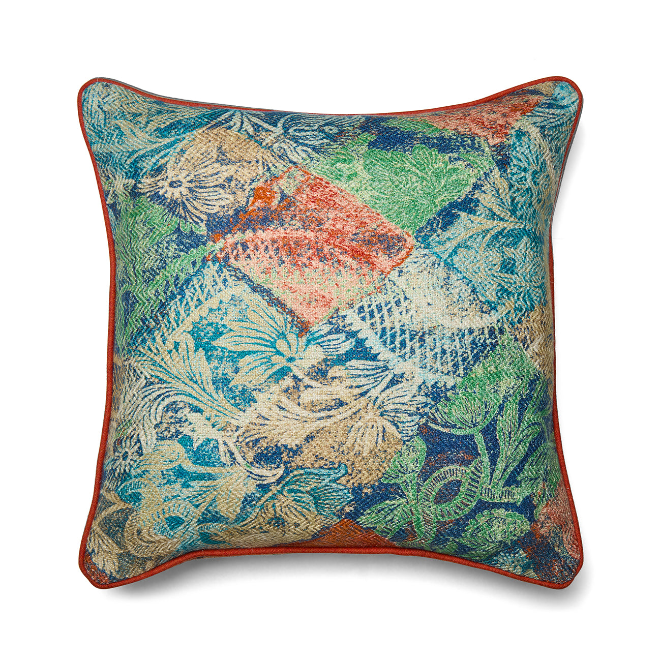 Square cushion featuring Kit Kemp's Harlequin Diamond Day printed linen blend. The highly versatile layered diamond pattern uses rich jewel tones (deep blue, green, and gold) that blend seamlessly into both warm and cool-toned interiors. Exclusively at Shop Kit Kemp.