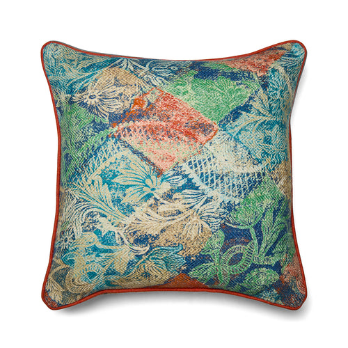 Square cushion featuring Kit Kemp's Harlequin Diamond Day printed linen blend. The highly versatile layered diamond pattern uses rich jewel tones (deep blue, green, and gold) that blend seamlessly into both warm and cool-toned interiors. Exclusively at Shop Kit Kemp.