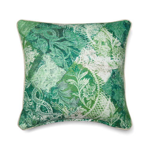 This Kit Kemp Design Studio cushion features the Harlequin pattern, a highly textured printed fabric (typically a linen or linen-blend base) created for Christopher Farr Cloth. The design is a playful take on the diamond/harlequin motif, using a rich palette of deep and lighter greens to seamlessly blend floral and geometric patterns, resulting in a complex, layered print with soft watercolour depth that evokes a playful patchwork.