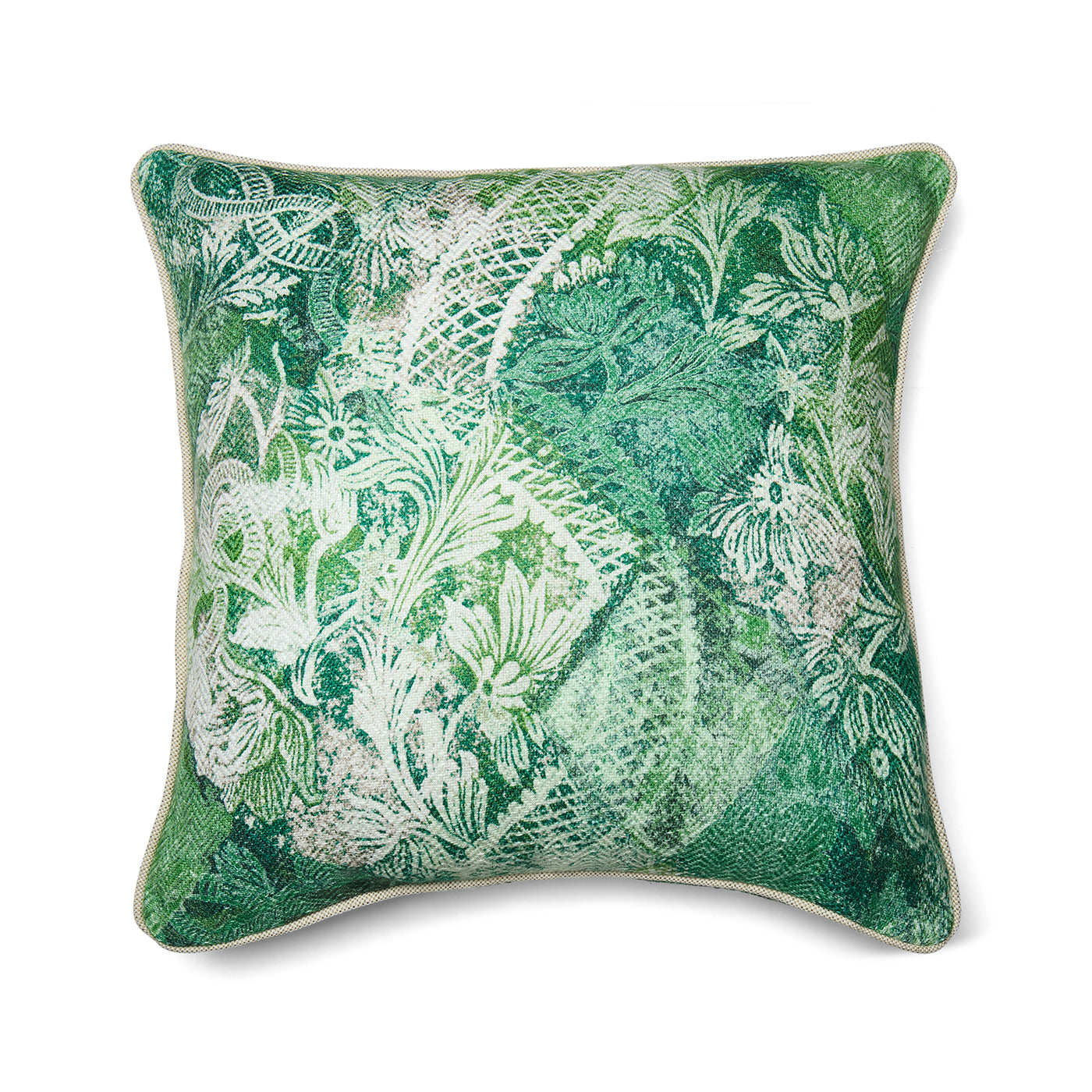 Kit Kemp Harlequin printed cushion for Christopher Farr Cloth. The green, linen-blend fabric features a layered diamond pattern with a soft, watercolour effect.