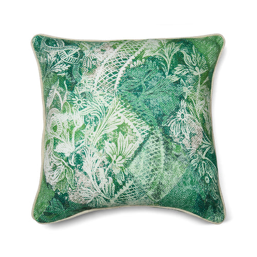 Kit Kemp Harlequin printed cushion for Christopher Farr Cloth. The green, linen-blend fabric features a layered diamond pattern with a soft, watercolour effect.