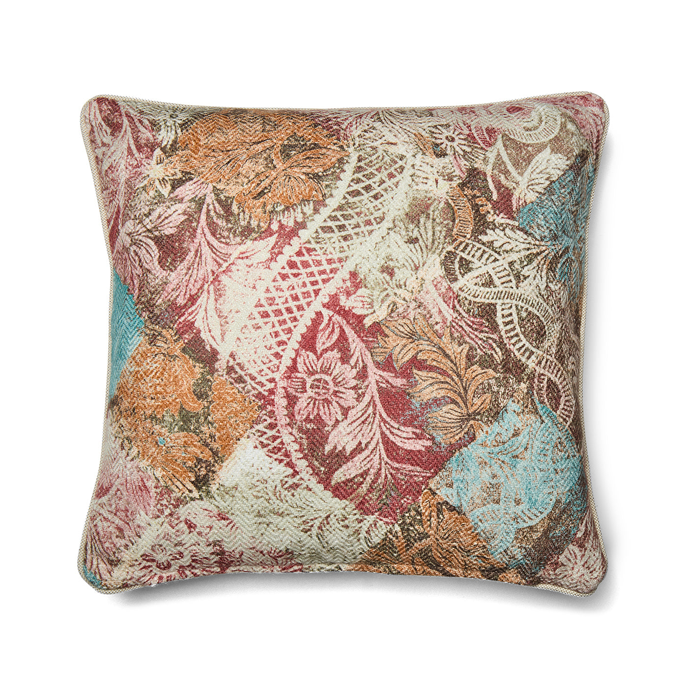 Rectangular cushion featuring Kit Kemp's Harlequin printed fabric for Christopher Farr Cloth. The linen-blend textile displays a bold argyle diamond grid in mottled blue, terracotta orange, and red with a soft, hand-painted watercolour effect.