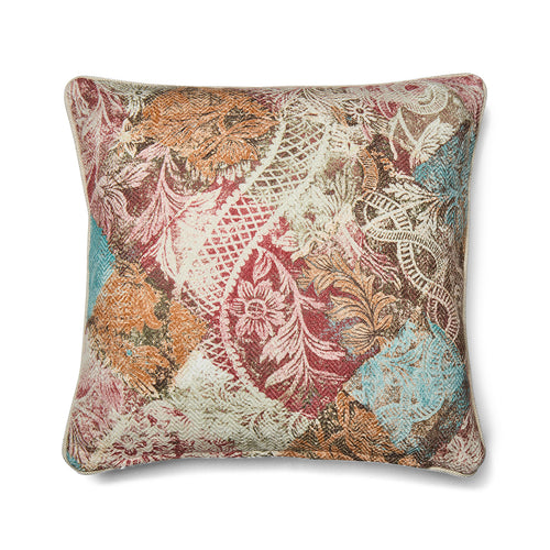 Rectangular cushion featuring Kit Kemp's Harlequin printed fabric for Christopher Farr Cloth. The linen-blend textile displays a bold argyle diamond grid in mottled blue, terracotta orange, and red with a soft, hand-painted watercolour effect.