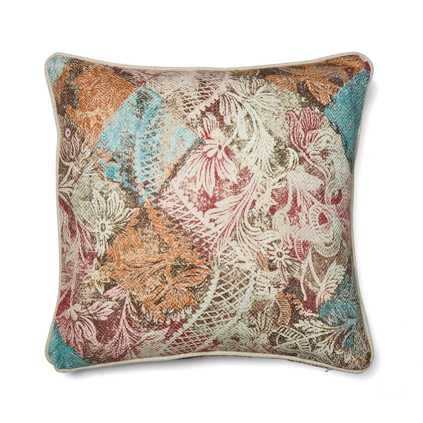 Rectangular cushion featuring Kit Kemp's Harlequin printed linen fabric for Christopher Farr Cloth. The bold argyle diamond pattern in mottled blue, terracotta orange, and red is highly versatile, providing a warm, textural anchor that easily complements both traditional and modern interior design styles.