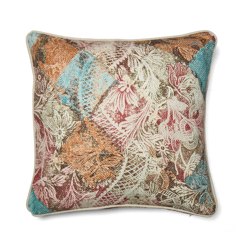 Rectangular cushion featuring Kit Kemp's Harlequin printed linen fabric for Christopher Farr Cloth. The bold argyle diamond pattern in mottled blue, terracotta orange, and red is highly versatile, providing a warm, textural anchor that easily complements both traditional and modern interior design styles.