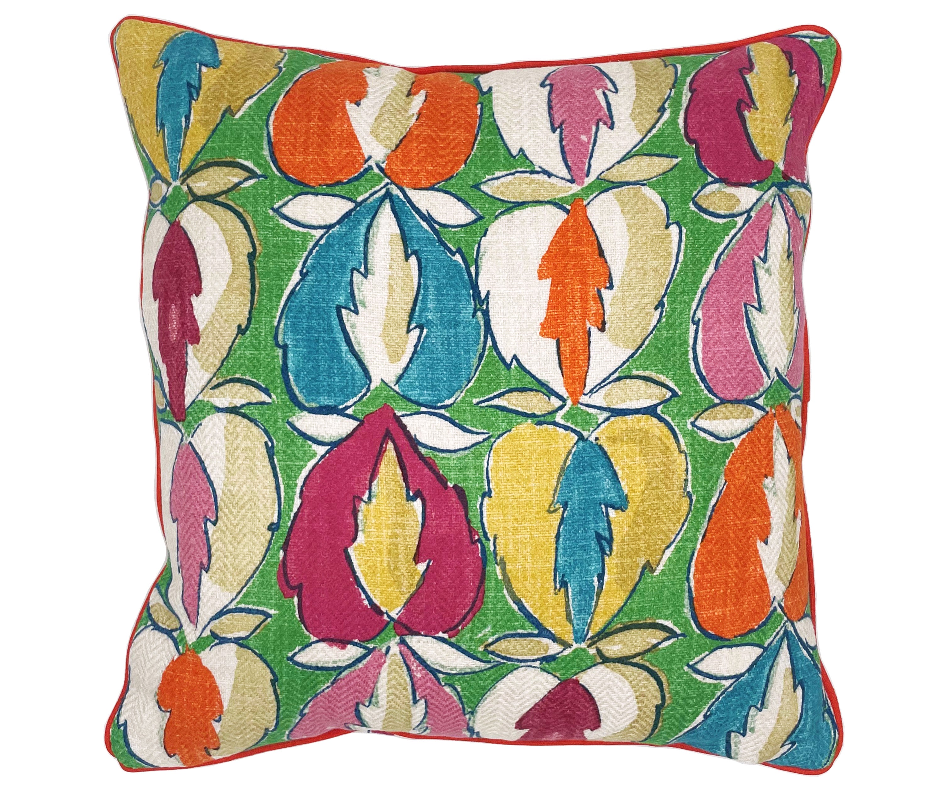 This 45 x 45 cm Cushion in Kit's heart of oak fabric, in Oak is printed on a textured twill, and picks out the leaf-like design with pops of orange, red, pink and olive, against a dark green ground, and is piped in orange piping, to create a great homage to autumn.
