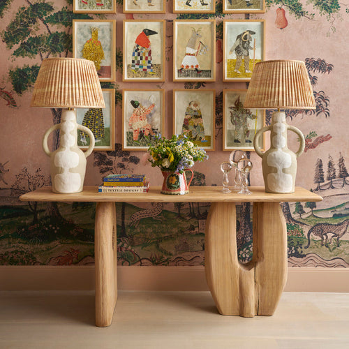 Puff fabric lampshade styled with High Tide Sand Dollar Table Lamp on Moonshadow console, all exclusively by Shop Kit Kemp.
