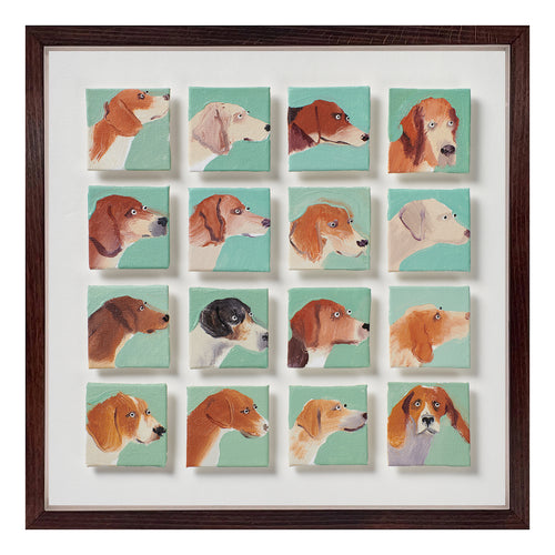 9 Horses is an original oil painting by Holly Frean as a 4 x 4 grid of individual profiles. Set against a soft mint ground, the hounds appear to be gathered and waiting as though for instruction. Painted in oil on canvas board, the handling is assured and economical, allowing small differences in breed and temperament to quietly emerge. In the lower right corner, one hound breaks formation and turns to face the viewer directly, bringing warmth and personality to the whole. Shop Kit Kemp.