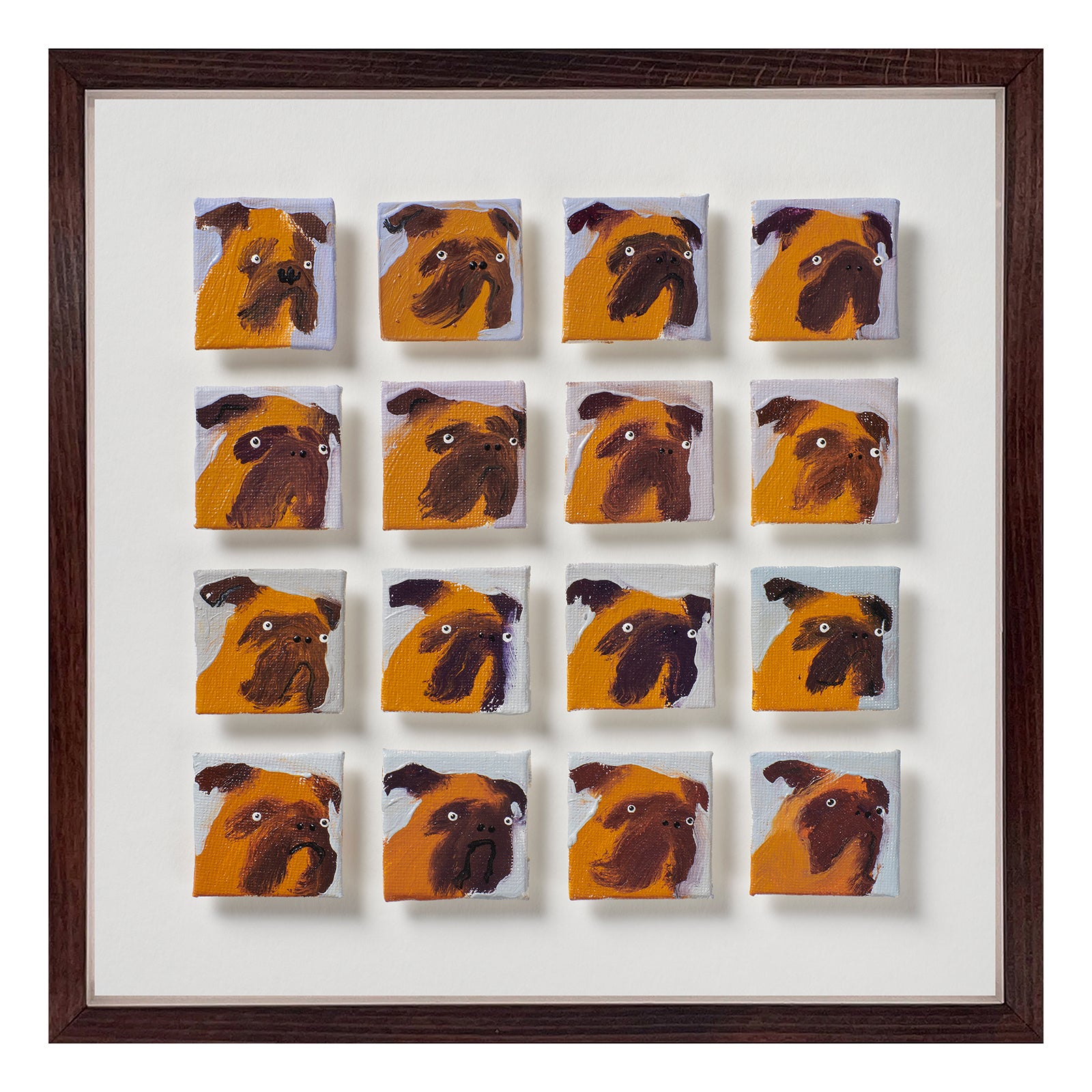 16 Pugs is an original oil painting by Holly Frean, arranged as a composed 4 x 4 grid of individual panels. Against a cool lilac-grey ground, each pug appears with its unmistakable architecture - rounded forehead, compressed muzzle, steady gaze - rendered with direct, economical brushwork. The repetition gives this work structure and visual weight, while subtle differences in tilt and expression introduce personality. Exclusively at Shop Kit Kemp.