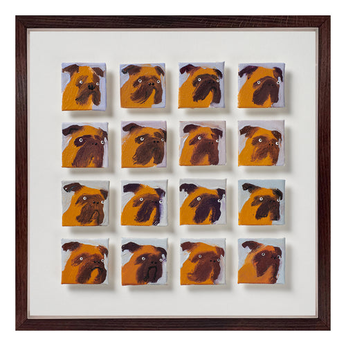 16 Pugs is an original oil painting by Holly Frean, arranged as a composed 4 x 4 grid of individual panels. Against a cool lilac-grey ground, each pug appears with its unmistakable architecture - rounded forehead, compressed muzzle, steady gaze - rendered with direct, economical brushwork. The repetition gives this work structure and visual weight, while subtle differences in tilt and expression introduce personality. Exclusively at Shop Kit Kemp.
