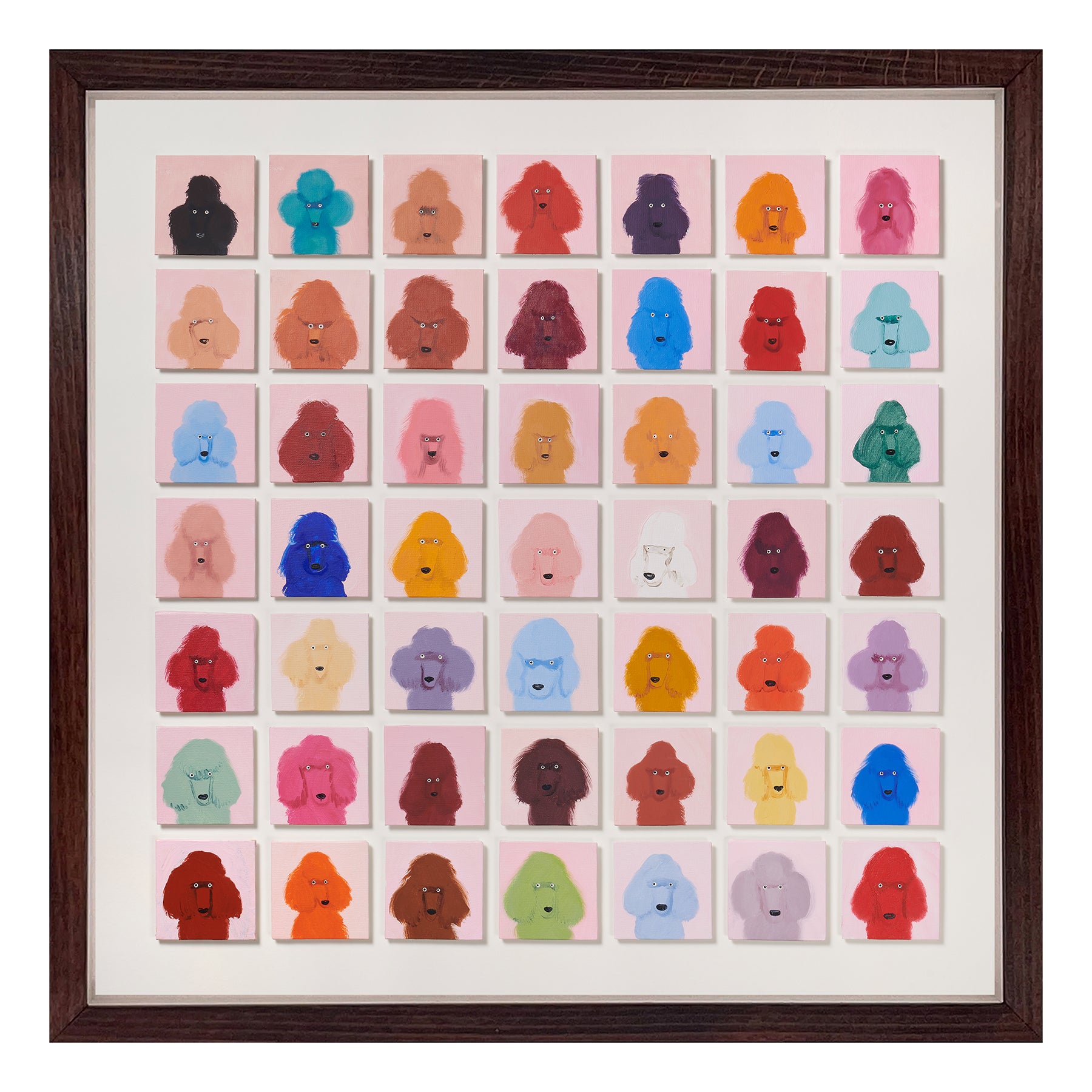 49 Poodles is an original Holly Frean artwork and comprises a 7 x 7 grid of individual canvas studies. Each square depicts a single poodle against a pale pink ground, identical in format, yet each subtly different in temperament. Electric blues sit beside ochres, mint greens and near-black. The eyes - small, steady, faintly accusatory - anchor each portrait with a surprising seriousness. Exclusively at Shop Kit Kemp.