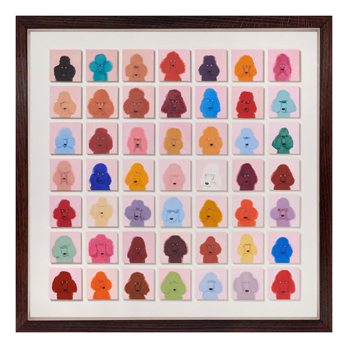 49 Poodles is an original Holly Frean artwork and comprises a 7 x 7 grid of individual canvas studies. Each square depicts a single poodle against a pale pink ground, identical in format, yet each subtly different in temperament. Electric blues sit beside ochres, mint greens and near-black. The eyes - small, steady, faintly accusatory - anchor each portrait with a surprising seriousness. Exclusively at Shop Kit Kemp.