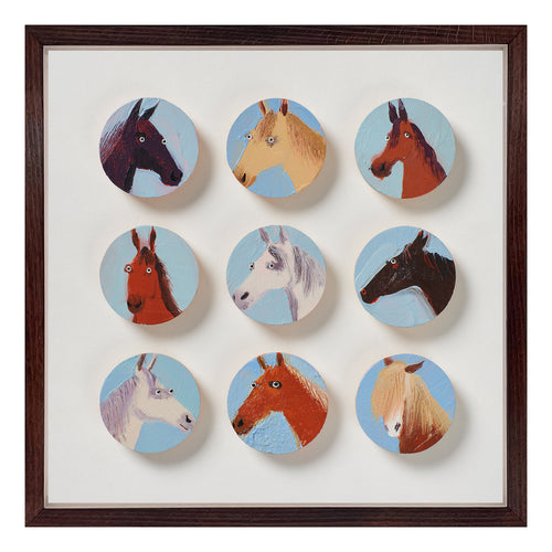 9 Horses by Holly Frean brings together nine equine portraits within a circular format, each head set against a clear blue ground that lends cohesion and light. The round panels soften the grid and echo the curve of the neck and jaw, giving the composition a gentle flow.

Painted in oil with confident, visible brushwork, the horses range in colour from deep bay to pale grey, each distinguished by a slight shift of gaze or tilt of head. Exclusively at Shop Kit Kemp.