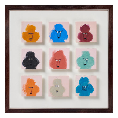 Nine poodles sit within a grid, each framed by a pale pink ground and defined by bold, unexpected colours: saffron, cobalt, deep claret, black, coral and sea green. Painted in oil in Holly Frean's loose, confident hand, the forms are simplified but expressive, the eyes are small and alert within expanses of textured fur. The repetition gives the arrangement composure; the shifts in colour and temperament keep it lively. Exclusively at Shop Kit Kemp.