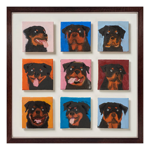 9 Rottweilers is an original oil painting by Holly Frean, recently completed and arranged as a 3 x 3 grid of individual studies. Each portrait presents a distinctive Rottweiler head against a richly saturated ground -cobalt, saffron, blush and deep oxblood - allowing the depth of the black and warm tan markings to resonate. Painted in oil on canvas board, their bright, intelligent eyes lend each dog a distinct presence. Exclusively at Shop Kit Kemp.