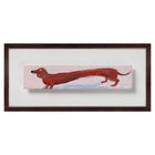 Sausage Dog plays with proportion, the long, narrow format stretching to accommodate the dachshund’s already improbable outline, or perhaps the dog has obligingly extended herself to fit the panel. The slight exaggeration gives the piece its rhythm, turning a familiar form into something subtly graphic and considered. Her expression is alert, a touch wide-eyed, as if caught mid-thought rather than mid-stride. At this scale the painting feels deliberate, and quietly distinctive. Holly Frean for Shop Kit Kemp
