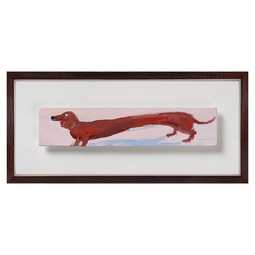 Sausage Dog plays with proportion, the long, narrow format stretching to accommodate the dachshund’s already improbable outline, or perhaps the dog has obligingly extended herself to fit the panel. The slight exaggeration gives the piece its rhythm, turning a familiar form into something subtly graphic and considered. Her expression is alert, a touch wide-eyed, as if caught mid-thought rather than mid-stride. At this scale the painting feels deliberate, and quietly distinctive. Holly Frean for Shop Kit Kemp