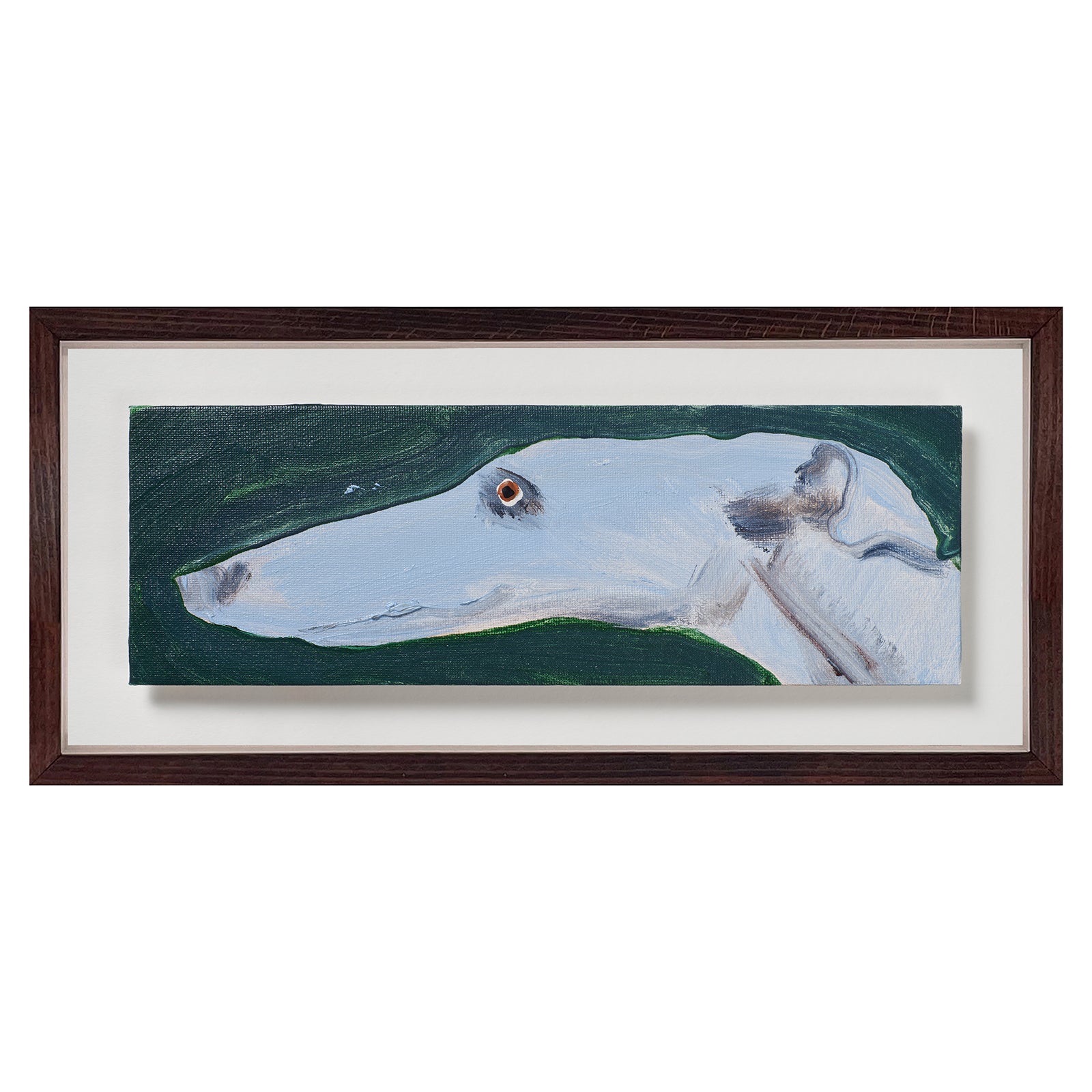 Greyhound focuses on the unmistakable outline of a sighthound’s profile, stretched across a long, narrow panel. Set against a deep green ground, this pale form feels self-contained, with just enough detail to suggest character without overstatement. The simplicity of the composition gives it a quiet strength. If it has caught your eye once, it will likely do so again - an understated work that brings a sense of kindness and presence to its surroundings. Exclusively at Shop Kit Kemp.
