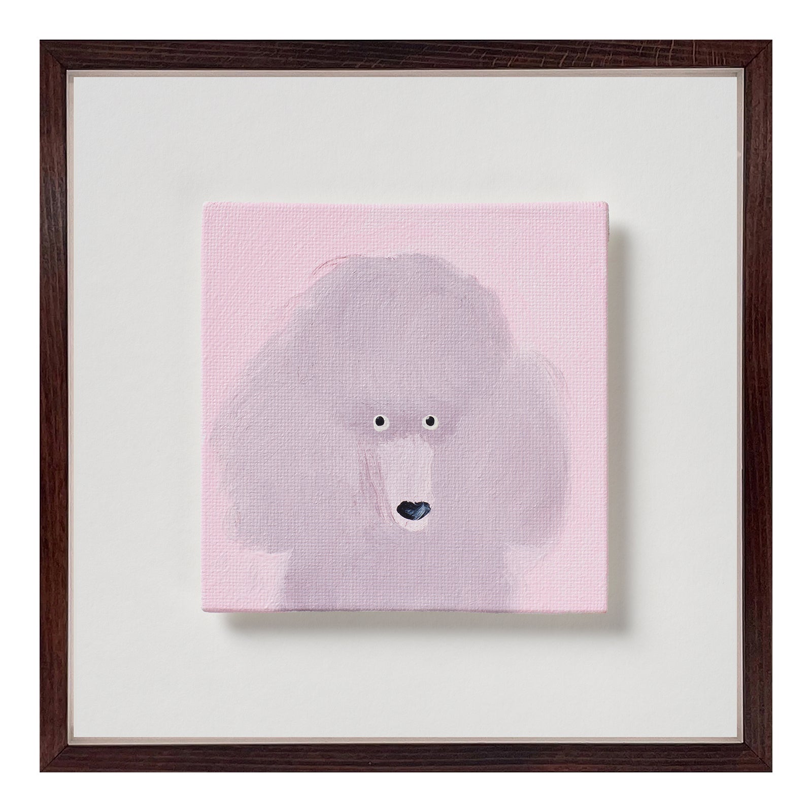 Set against a field of soft blush pink, this pale poodle hovers between apparition and companion. The form is light as vapour, a cloud of modulated whites and greys. Small, direct eyes and an inky nose anchor the piece with unmistakable presence. Both affectionate and faintly aloof, the painting captures the true poodle paradox. It balances theatrical flair and aristocratic bearing with a watchful intelligence. Modest in scale, it remains a fully resolved character.