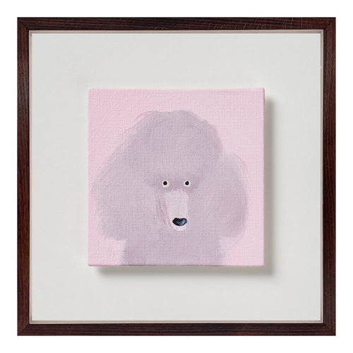 Set against a field of soft blush pink, this pale poodle hovers between apparition and companion. The form is light as vapour, a cloud of modulated whites and greys. Small, direct eyes and an inky nose anchor the piece with unmistakable presence. Both affectionate and faintly aloof, the painting captures the true poodle paradox. It balances theatrical flair and aristocratic bearing with a watchful intelligence. Modest in scale, it remains a fully resolved character.