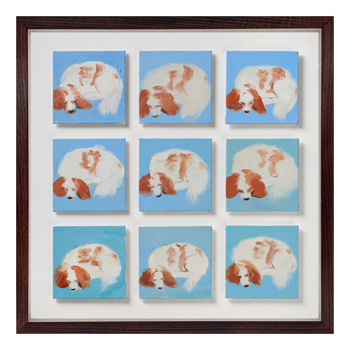 9 Sleeping Spaniels is a recent original by Holly Frean, arranged in a 3 x 3 grid of individual oil studies. Each panel presents a spaniel curled in sleep against a flat blue ground, the composition repeated with subtle shifts in ear, paw and posture. Painted in oil on canvas board, the handling is economical and controlled, allowing small variations to carry the work. Exclusively at Shop Kit Kemp.