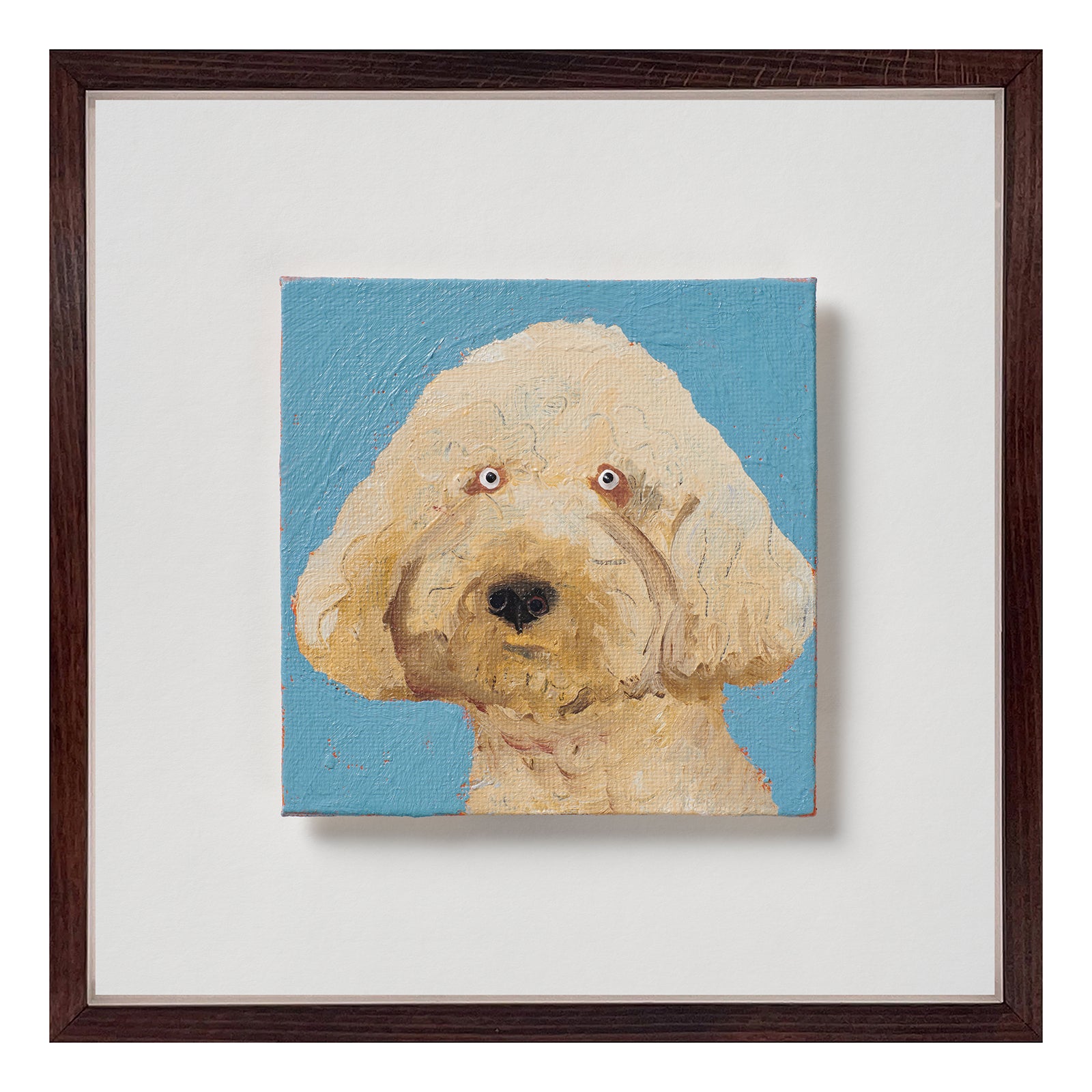 Holly Frean's Sparkle holds the square with her uncomplicated, front-on presence. Set against a clear blue ground, her biscuity coat is built up with textured strokes, with beady eyes and a coiffed muzzle anchoring the composition. There’s a directness to the gaze that feels open rather than sentimental, and the simplicity gives it versatility -a small portrait with a steady, assured feel. Exclusively at Shop Kit Kemp.