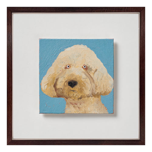 Holly Frean's Sparkle holds the square with her uncomplicated, front-on presence. Set against a clear blue ground, her biscuity coat is built up with textured strokes, with beady eyes and a coiffed muzzle anchoring the composition. There’s a directness to the gaze that feels open rather than sentimental, and the simplicity gives it versatility -a small portrait with a steady, assured feel. Exclusively at Shop Kit Kemp.