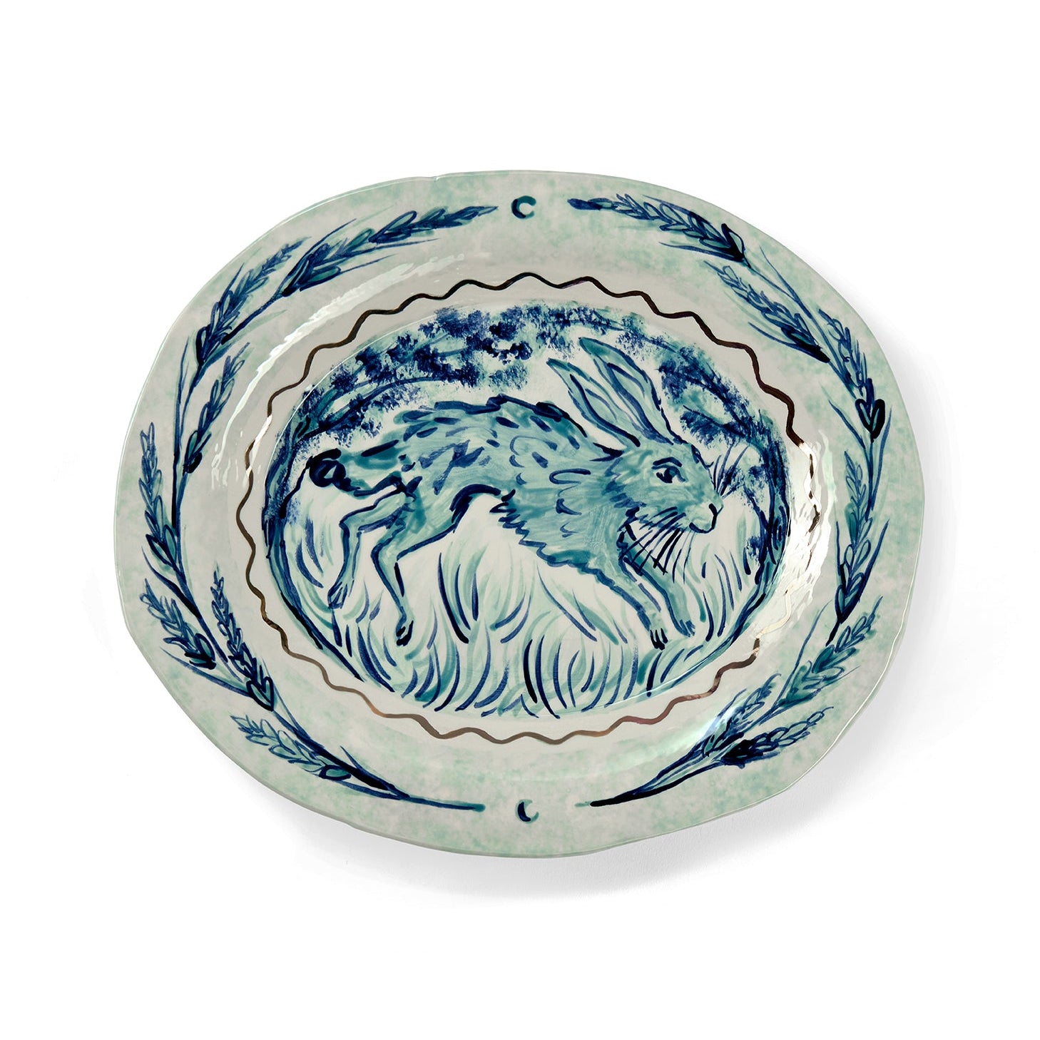 Sasha Compton one of a kind decorative platter with wood hare design and 24 carat gold detailing on glazed handmade ceramic, exclusively for Shop Kit Kemp