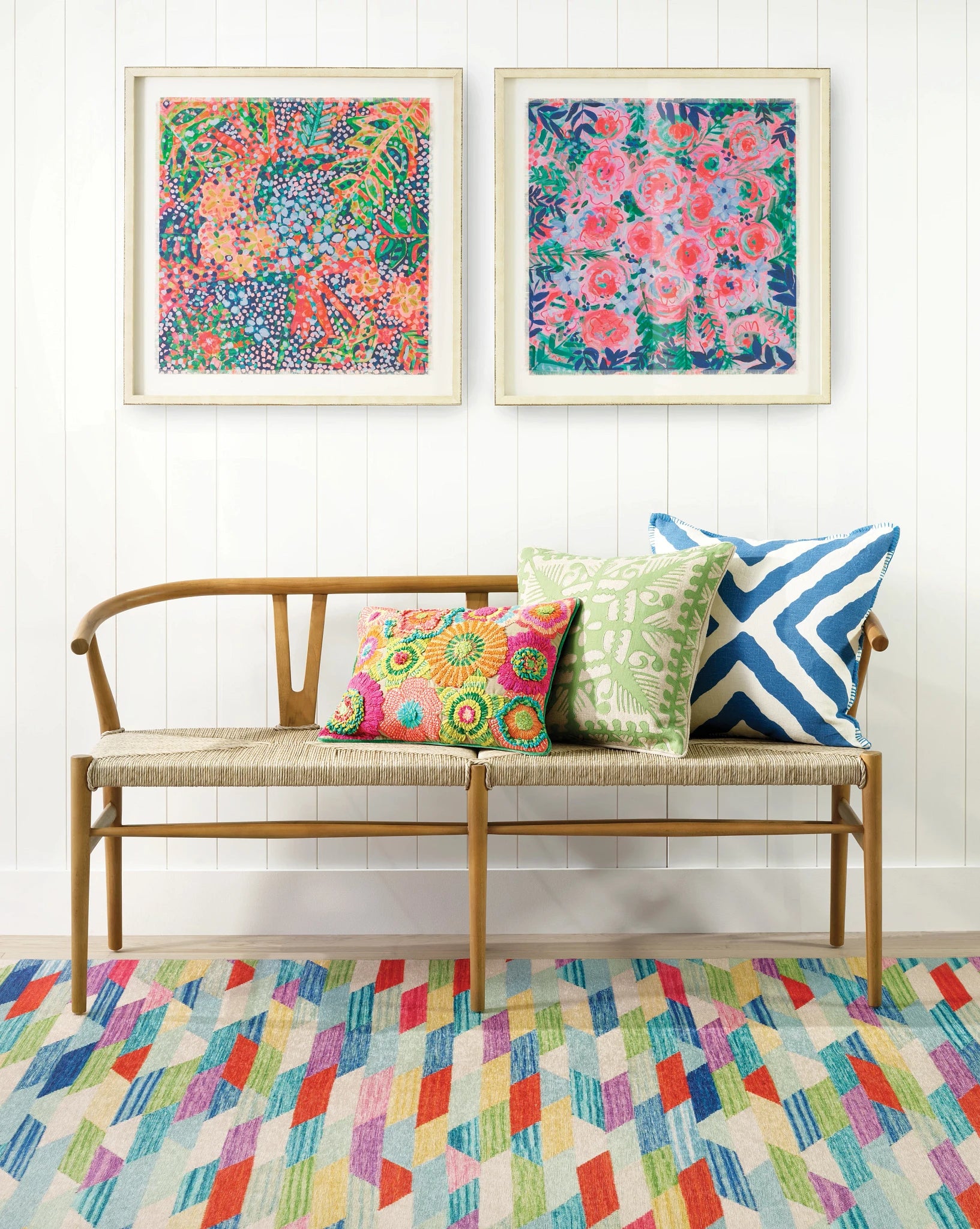 Inspired by one of a kind antique weaving, this flatwoven wool rug contains over twenty colours, kilim woven together as geometric diagonally interlocking stripes. 