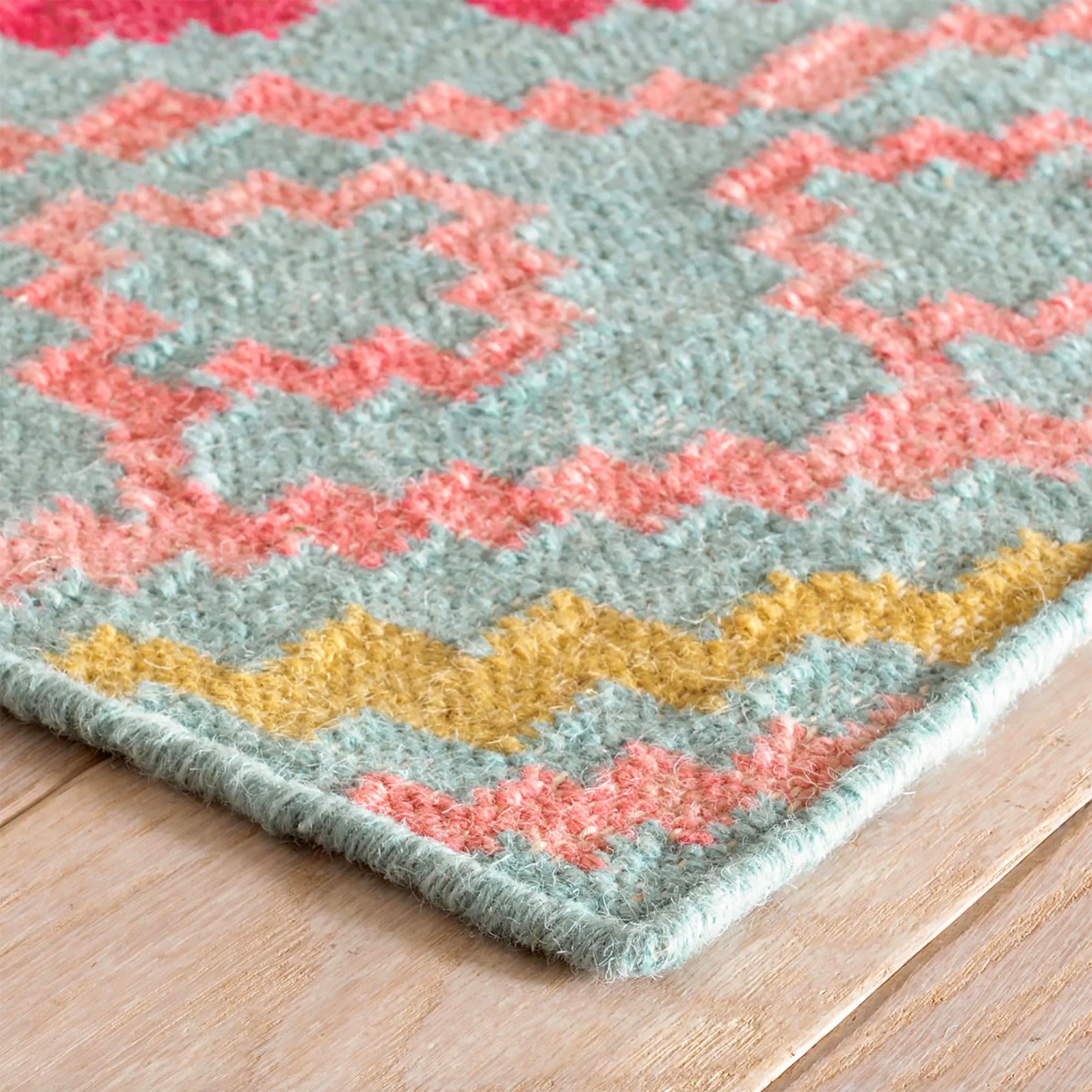 80% Wool/20% Cotton
Durable, low-maintenance, easy-to-clean flatweave construction, jelly roll handwoven rug, exclusive at Shop Kit Kemp