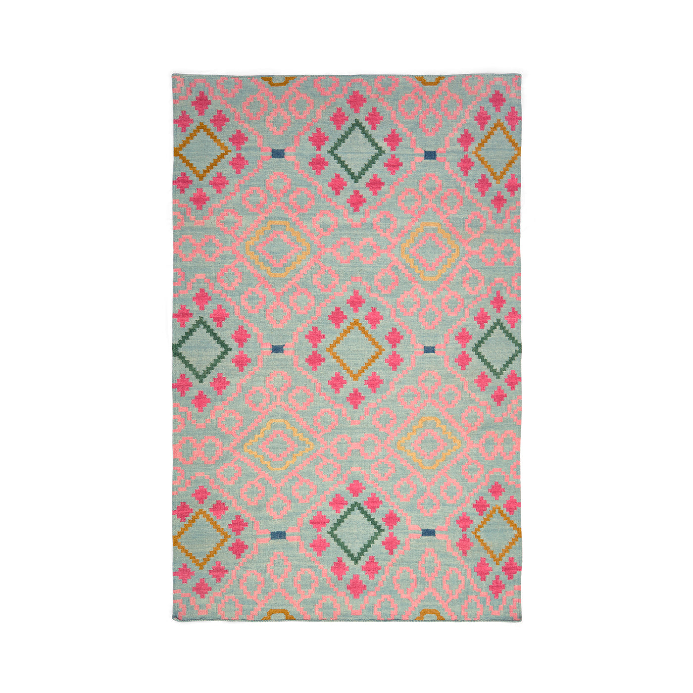 Kit Kemp and Annie Selke rug in pops of pink, green and warm yellow tones, made to resemble a one-of-a-kind vintage document.