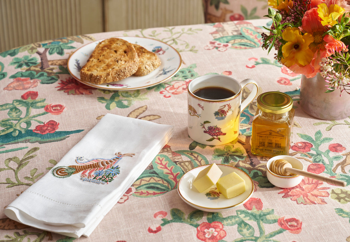 Mythical Creatures tableware, napkins, honey bundles, fine china, tried and tested at Firmdale hotels, with other ranges available in Sailor's Farewell and Tall Trees ranges, curated together in the Kit Kemp Breakfast Table collection. Everything for breakfast, tea and coffee aficionados. 