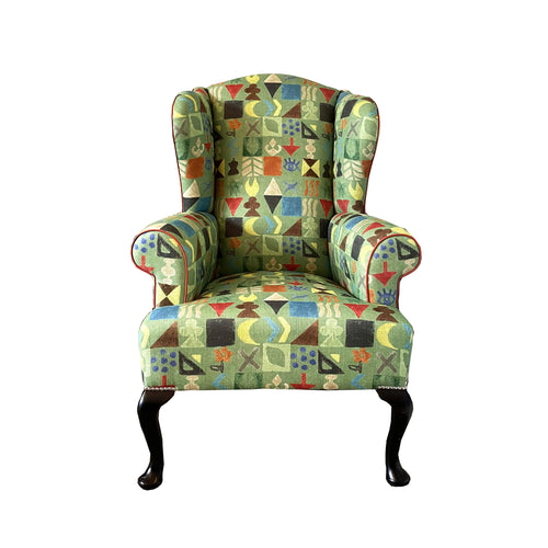 Kit Kemp wing chair upholstered in Potato print fabric
