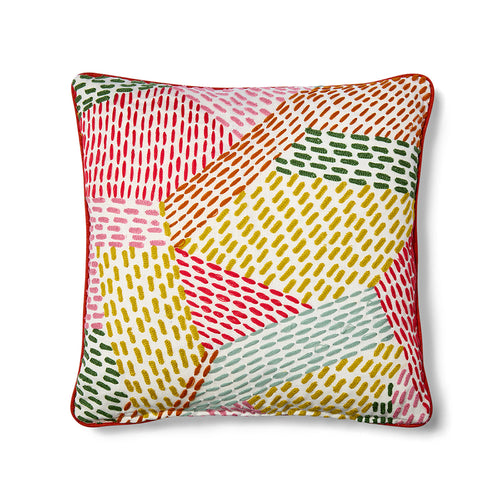 Kit Kemp Design Studio cushion in Pierre Frey fabric Miwork with hand embroidered dashed lines and contrasting pink pipe edge