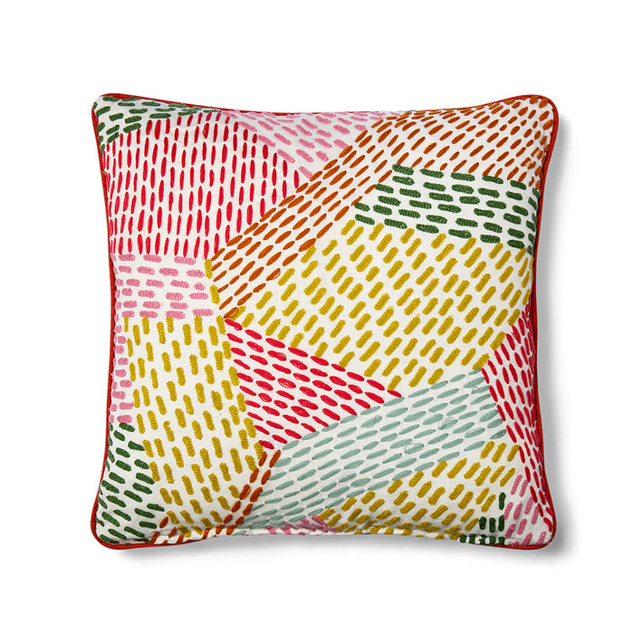 Kit Kemp Design Studio cushion in Pierre Frey fabric Miwork with hand embroidered dashed lines and contrasting pink pipe edge