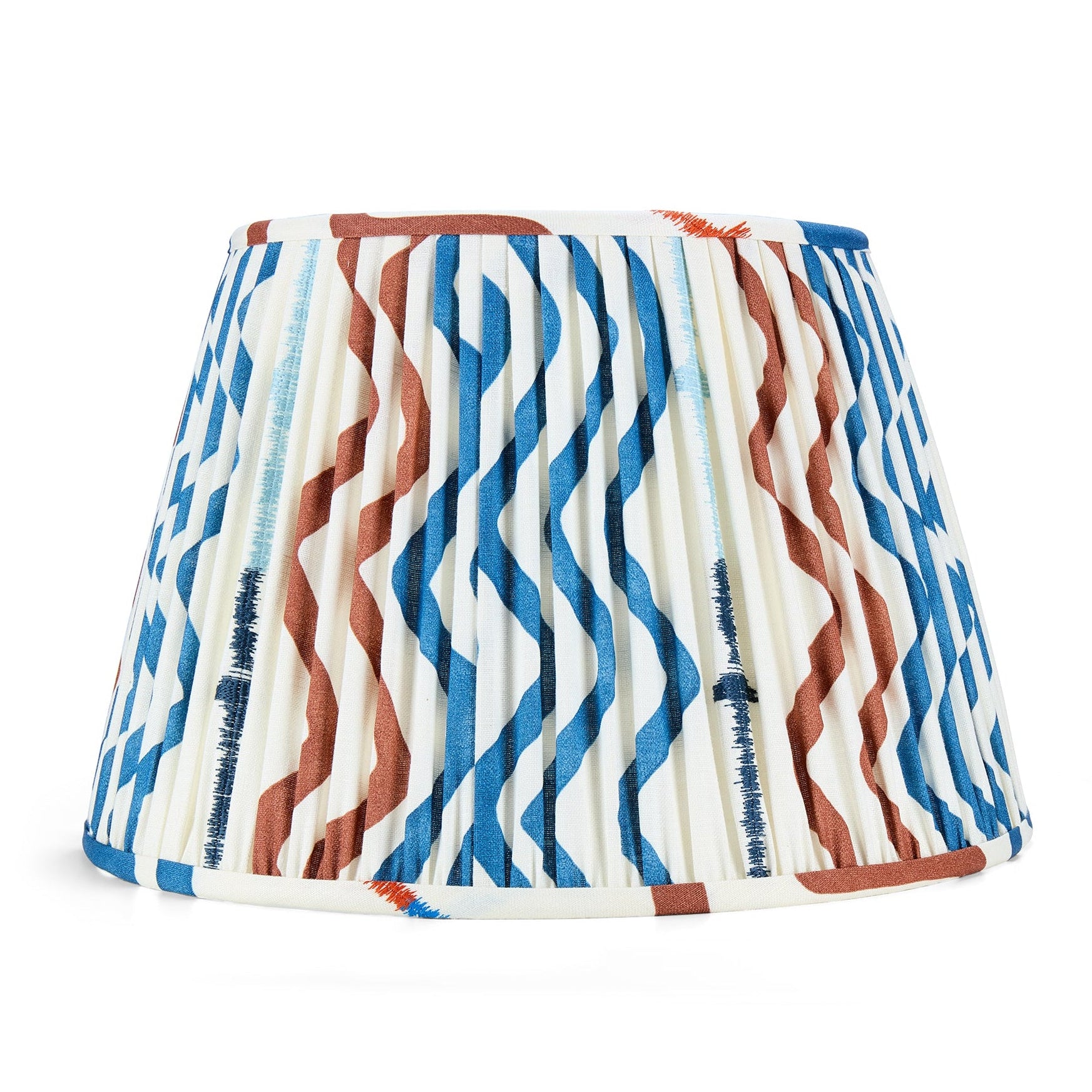 Pleated empire lampshade made from Kit Kemp blue Rick Rack fabric
